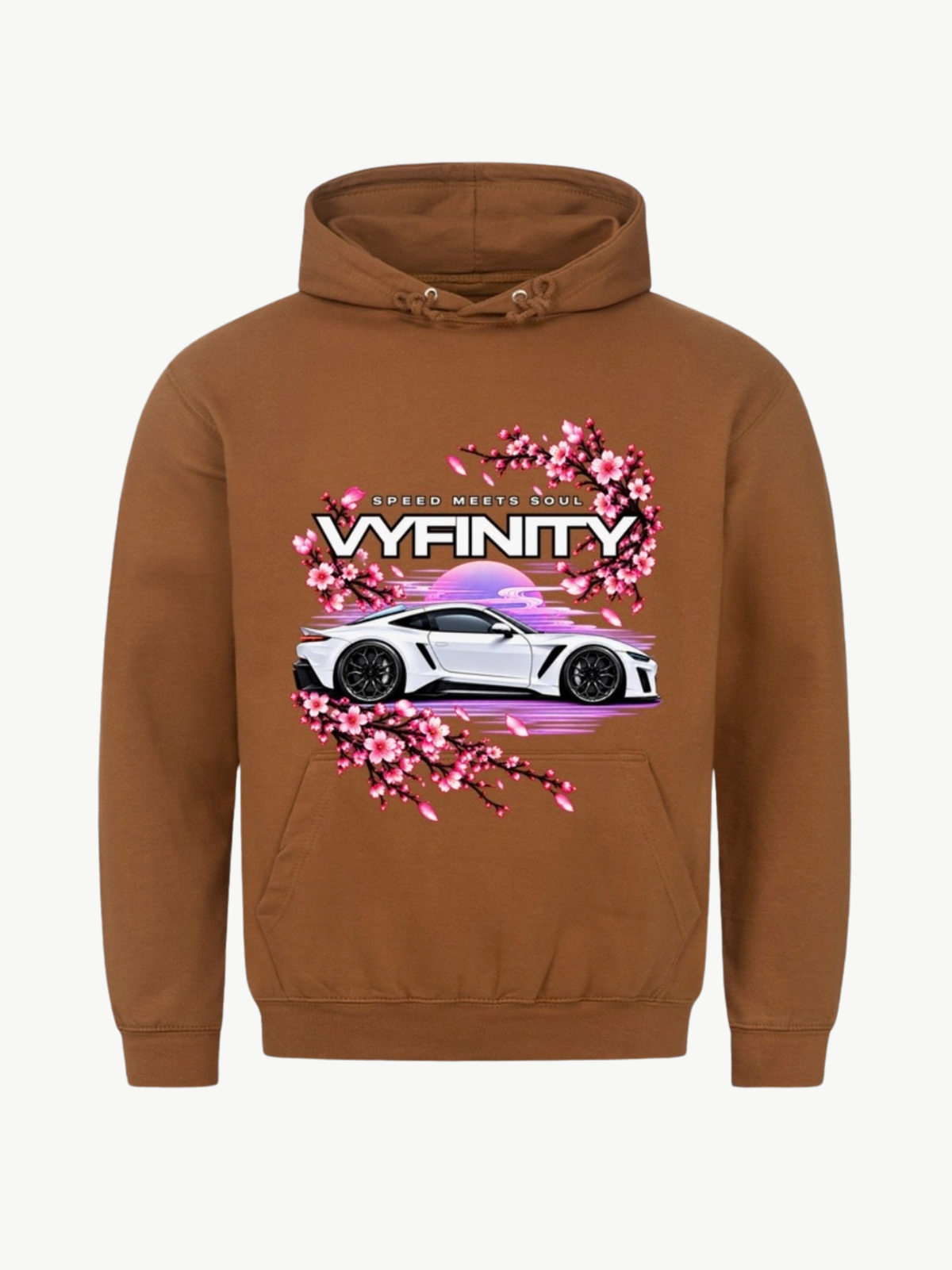 VYFINITY brauner Hoodie mit Speed Meets Soul Car Design, weißem Sportwagen und pinken Kirschblüten – Produktansicht von vorne