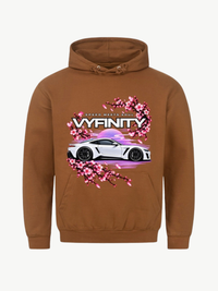 VYFINITY brauner Hoodie mit Speed Meets Soul Car Design, weißem Sportwagen und pinken Kirschblüten – Produktansicht von vorne