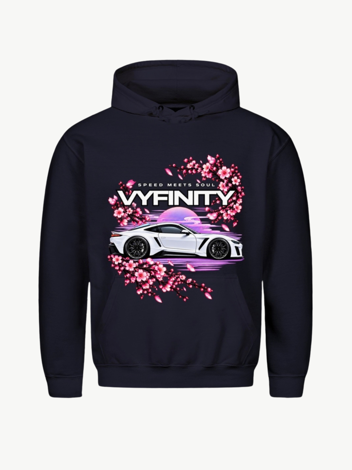 VYFINITY dunkelblauer Hoodie mit Speed Meets Soul Car Design, weißem Sportwagen und pinken Kirschblüten – Produktansicht von vorne