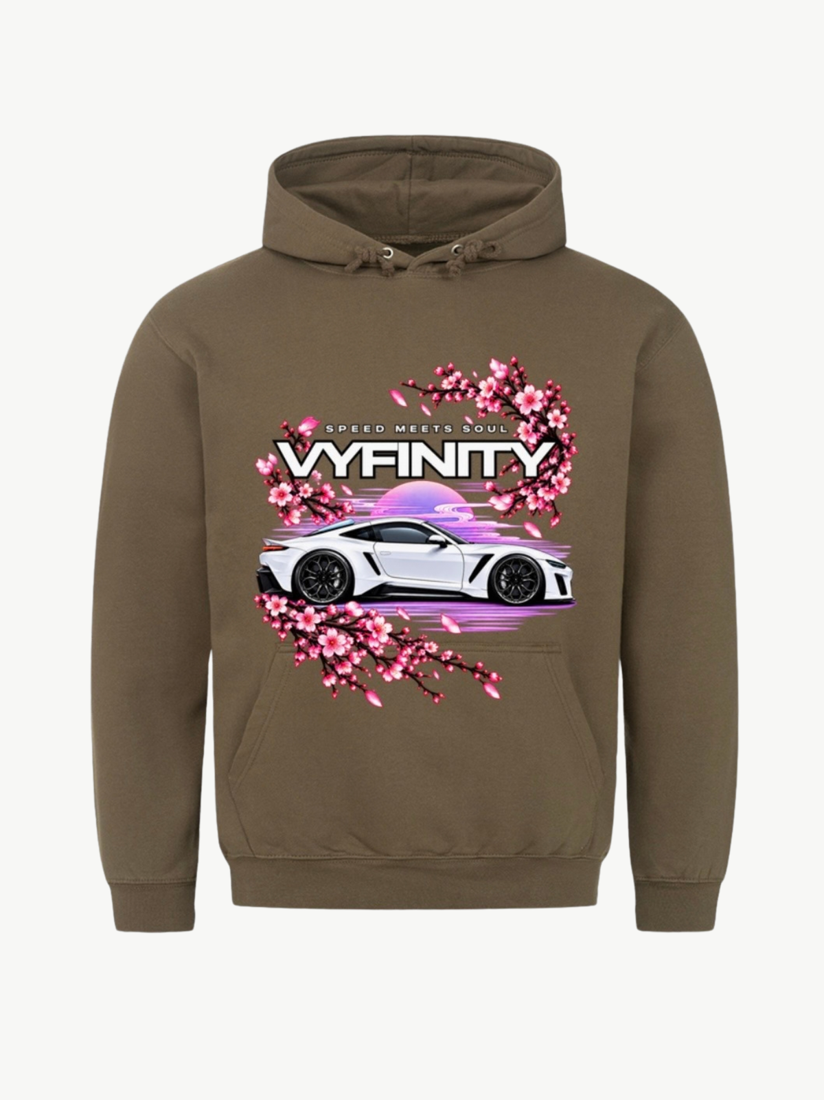 VYFINITY khakifarbener Hoodie mit Speed Meets Soul Car Design, weißem Sportwagen und pinken Kirschblüten – Produktansicht von vorne