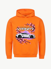 VYFINITY orangefarbener Hoodie mit Speed Meets Soul Car Design, weißem Sportwagen und pinken Kirschblüten – Produktansicht von vorne