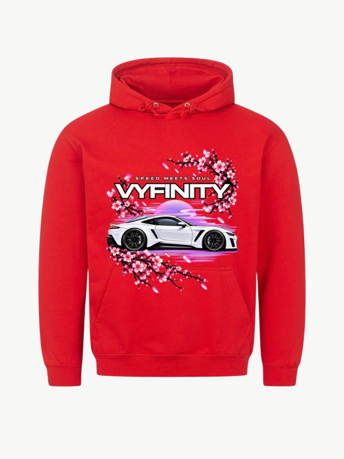VYFINITY roter Hoodie mit Speed Meets Soul Car Design, weißem Sportwagen und pinken Kirschblüten – Produktansicht von vorne
