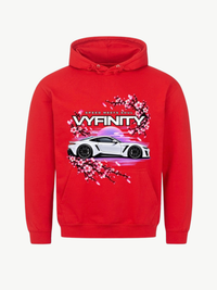 VYFINITY roter Hoodie mit Speed Meets Soul Car Design, weißem Sportwagen und pinken Kirschblüten – Produktansicht von vorne