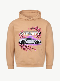 VYFINITY sandfarbener Hoodie mit Speed Meets Soul Car Design, weißem Sportwagen und pinken Kirschblüten – Produktansicht von vorne