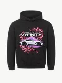 VYFINITY schwarzer Hoodie mit Speed Meets Soul Car Design, weißem Sportwagen und pinken Kirschblüten – Produktansicht von vorne