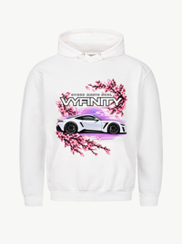 VYFINITY weißer Hoodie mit Speed Meets Soul Car Design, weißem Sportwagen und pinken Kirschblüten – Produktansicht von vorne