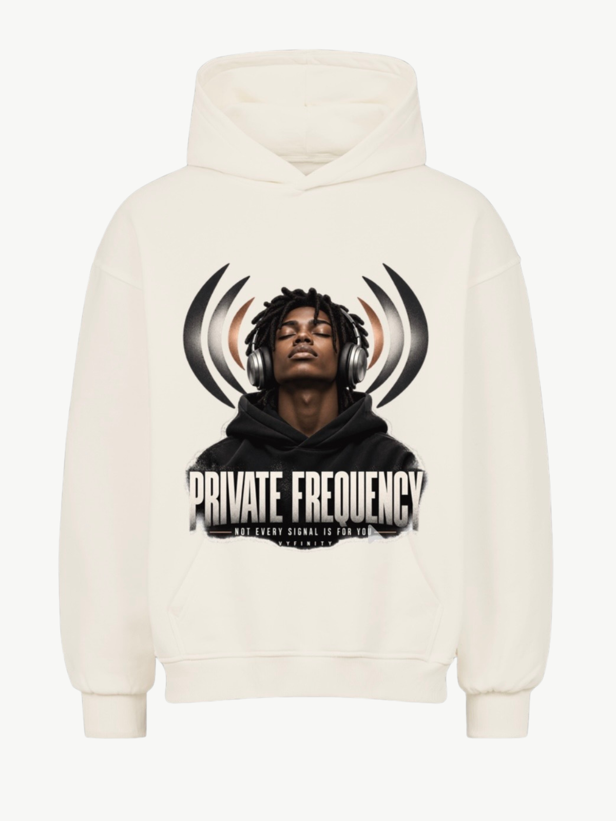 VYFINITY Private Frequency Hoodie – Natural Raw – Frontansicht – großer Kopfhörer-Print – Unisex Hoodie