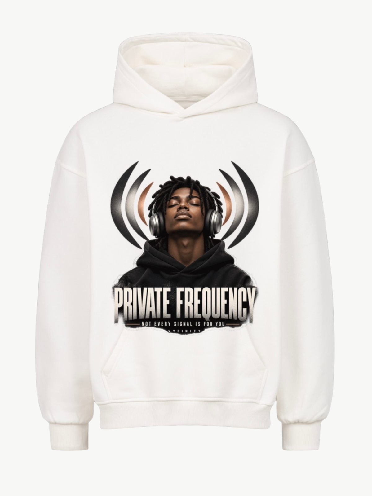 VYFINITY Private Frequency Hoodie – Weiß – Frontansicht – großer Kopfhörer-Print – Unisex Hoodie