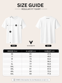 „VYFINITY Regular Fit T-Shirt Größentabelle mit Länge und Brustbreite in cm für Größen XS bis 5XL sowie Front- und Rückansicht.“