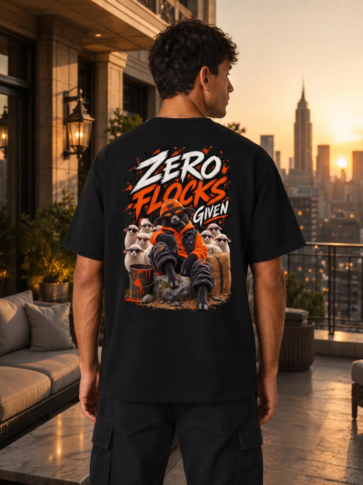 Männliches Model trägt ein schwarzes VYFINITY Heavy T-Shirt mit großem „ZERO FLOCKS GIVEN“-Schaf-Design auf dem Rücken. Lifestyle-Aufnahme auf einer luxuriösen New Yorker Dachterrasse bei Sonnenuntergang mit Skyline und Empire State Building im Hintergrund.