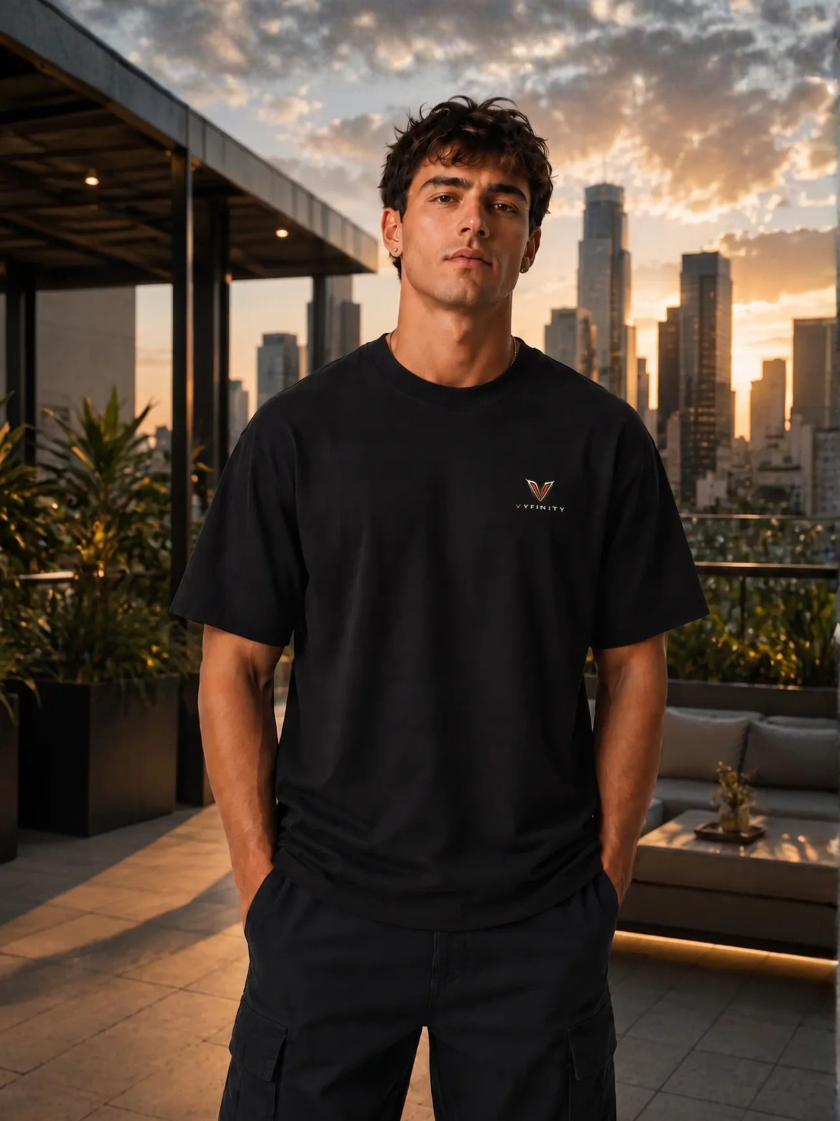 Männliches Model trägt ein schwarzes VYFINITY Heavy T-Shirt mit kleinem VYFINITY-Logo auf der Brust. Lifestyle-Aufnahme auf einer modernen Dachterrasse bei Sonnenuntergang mit urbaner Skyline im Hintergrund.