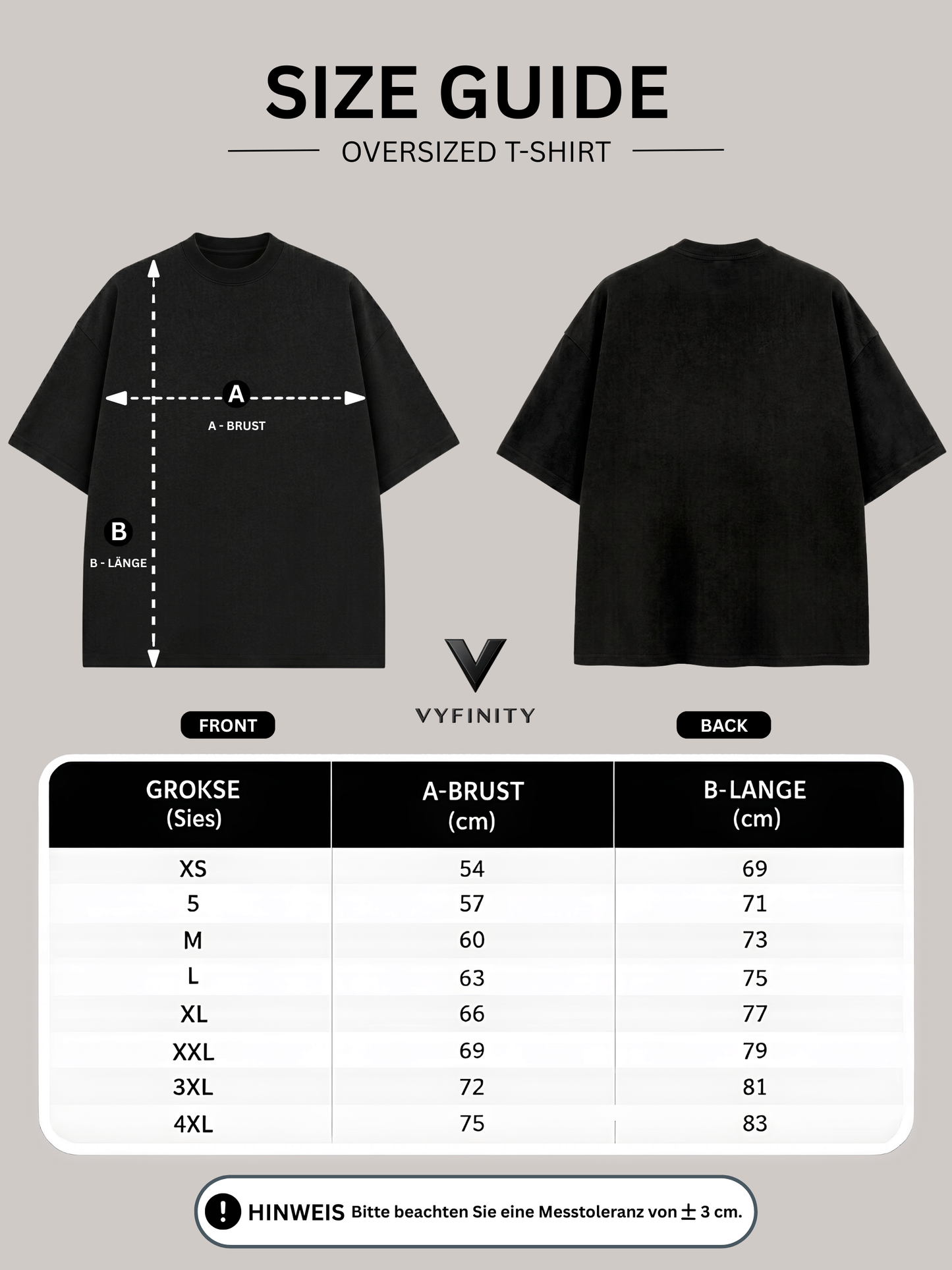 Vyfinity Größenübersicht für Oversized T-Shirts mit detaillierter Maßtabelle, Vorder- und Rückansicht sowie Angaben zu Brustweite und Shirtlänge. Hilft dabei, die optimale Größe für eine lockere Oversized-Passform zu finden.