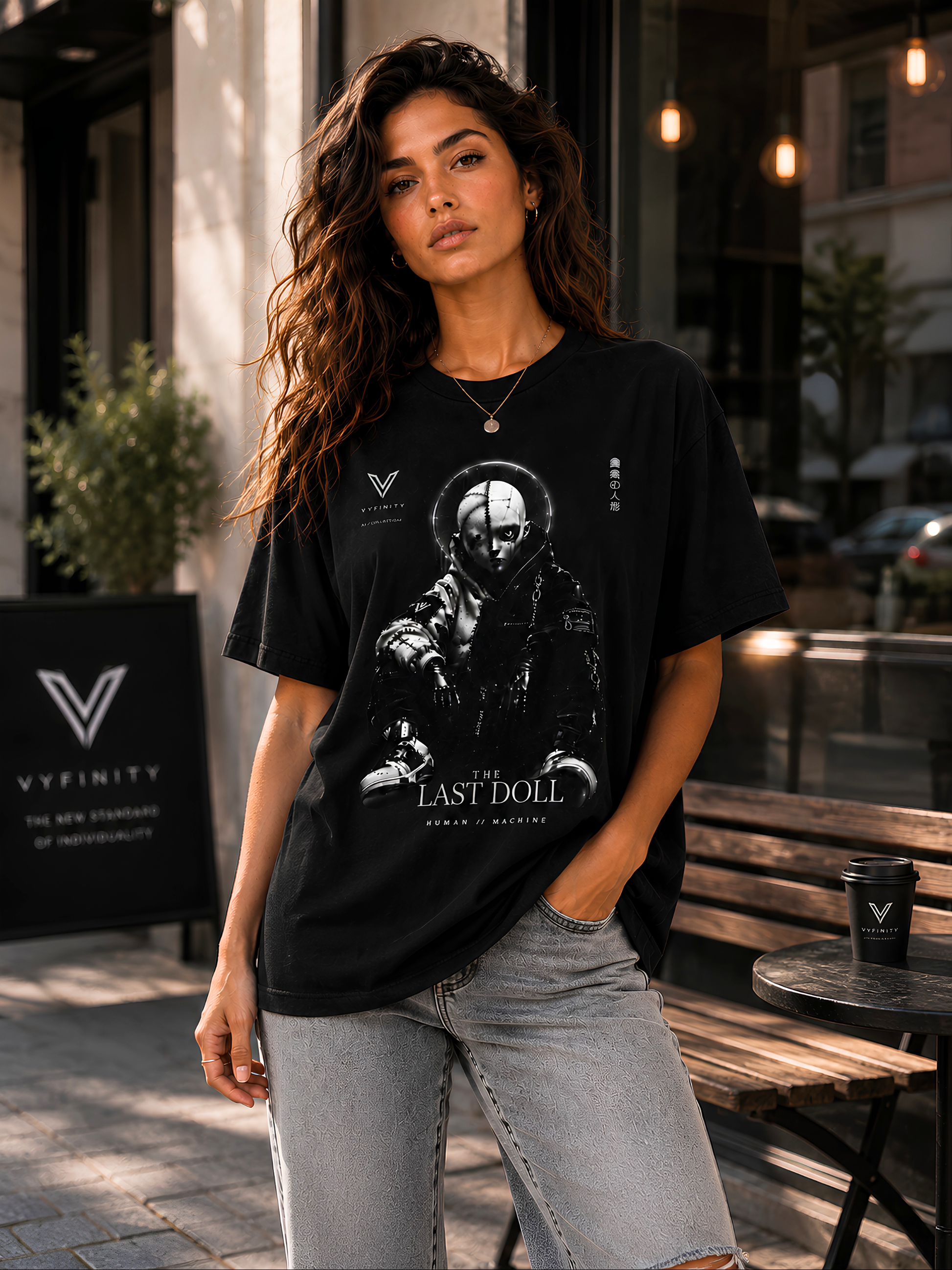 VYFINITY „The Last Doll“ schwarzes Streetwear-T-Shirt an weiblichem Model mit futuristischem Human-Machine-Puppenmotiv, fotografiert in urbanem Lifestyle-Ambiente.