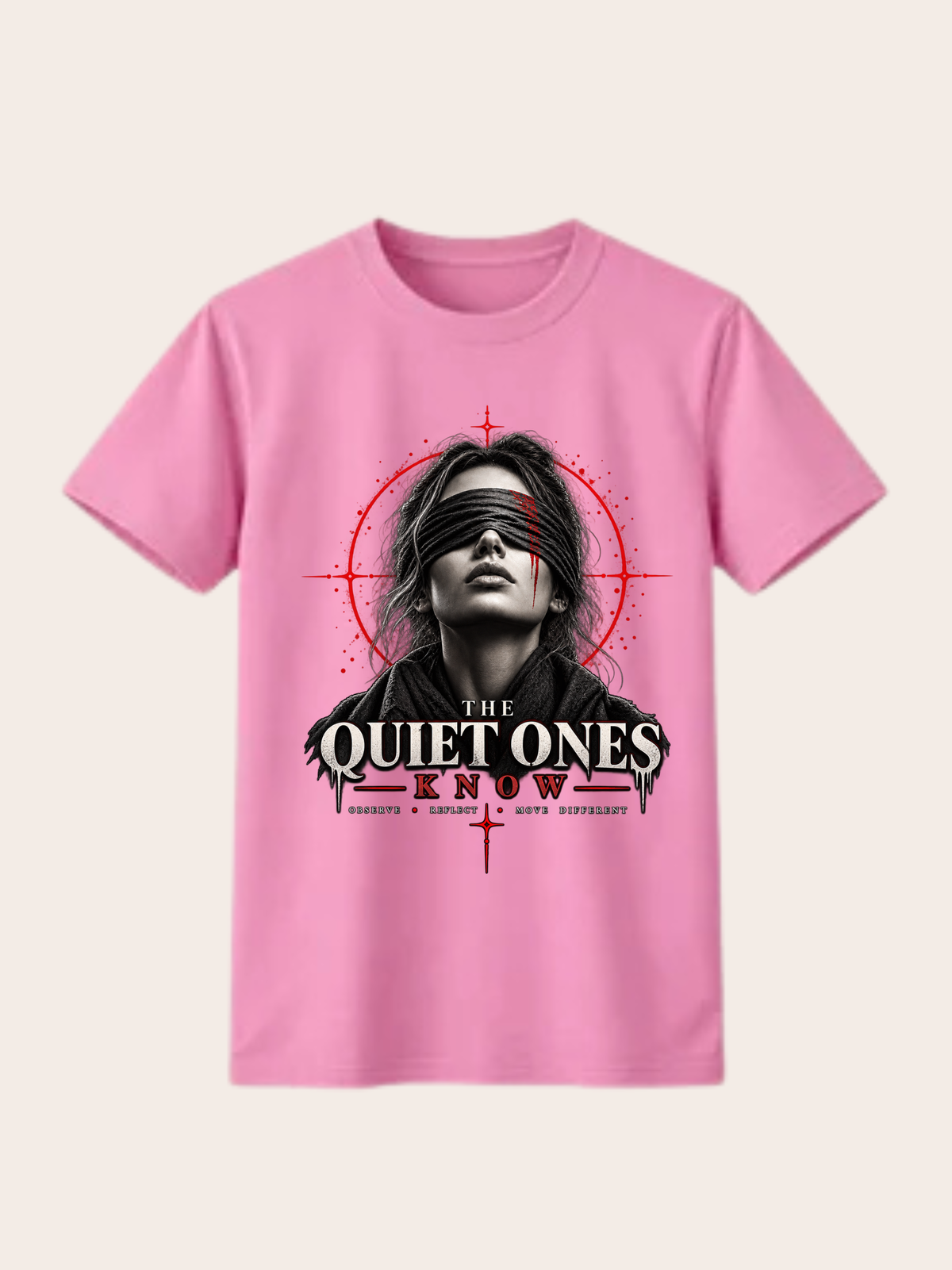 Pinkenes VYFINITY Regular Fit T-Shirt aus 180 GSM Baumwolle in Frontansicht mit großem „THE QUIET ONES KNOW“-Print, schwarz-weißem Frauenporträt mit Augenbinde und roten grafischen Akzenten.