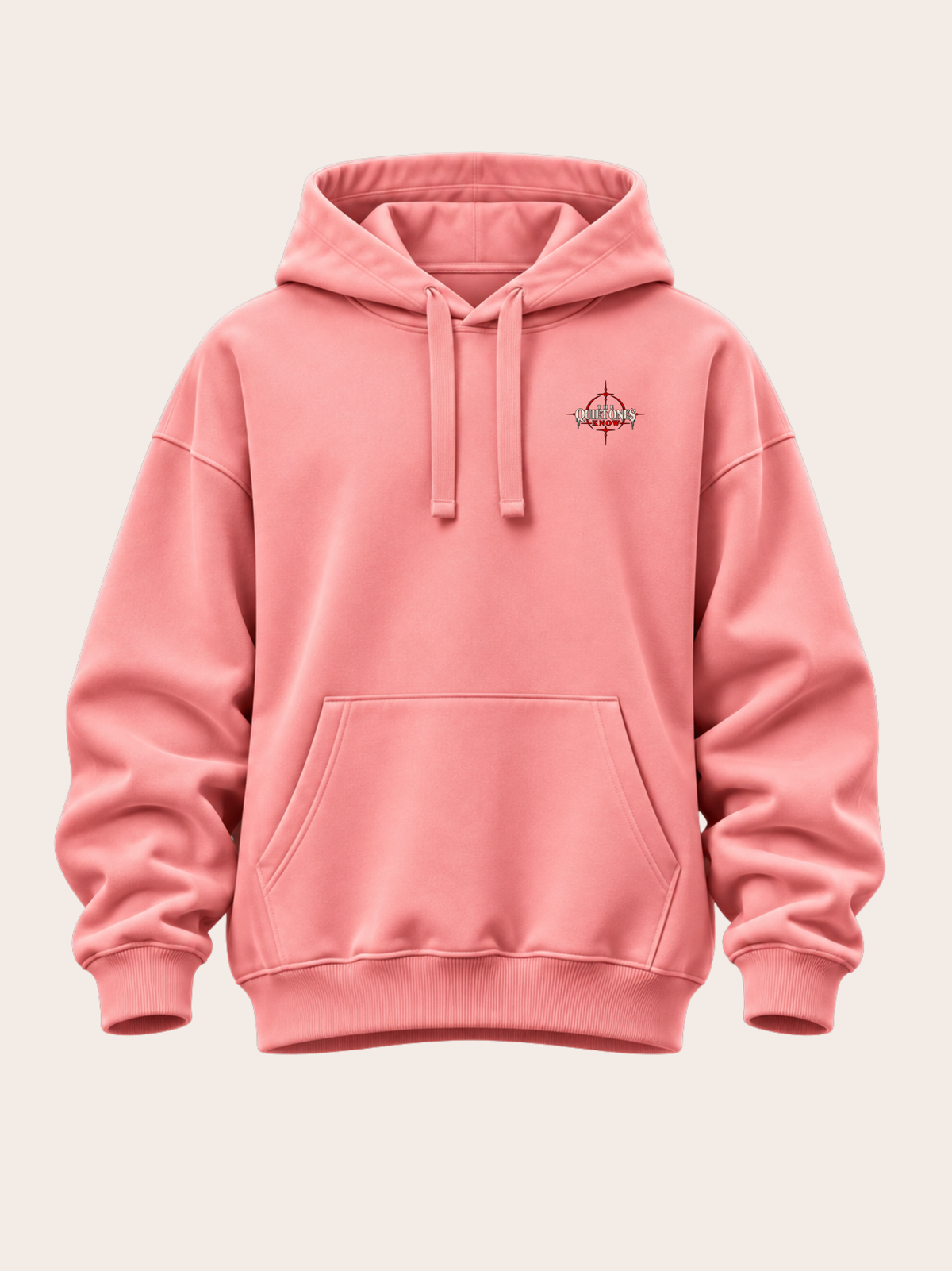 Rosa VYFINITY Oversized Hoodie in Frontansicht mit Kapuze, farblich passenden Kordeln, Kängurutasche und kleinem „THE QUIET ONES KNOW“-Print auf der linken Brust.