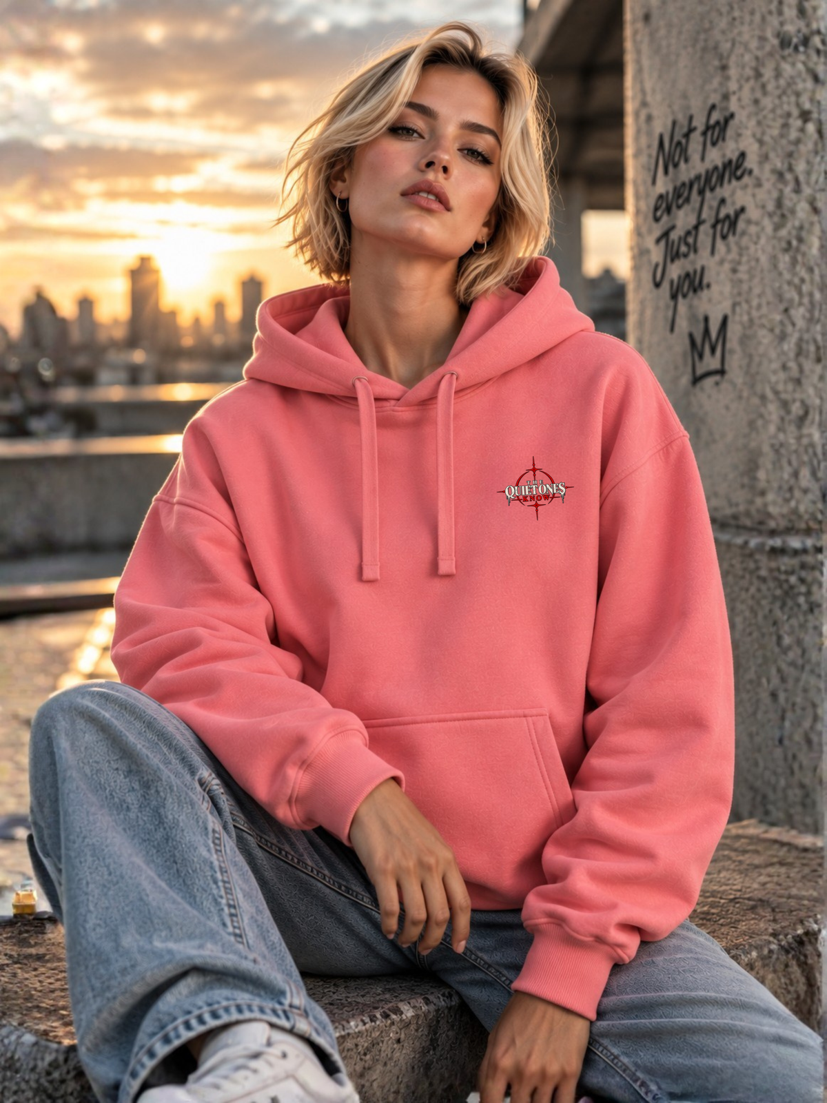 Blondes weibliches Model trägt einen pinken Oversized Hoodie mit kleinem THE QUIET ONES KNOW Brustprint, kombiniert mit weiter Jeans, in urbaner Kulisse bei Sonnenuntergang.