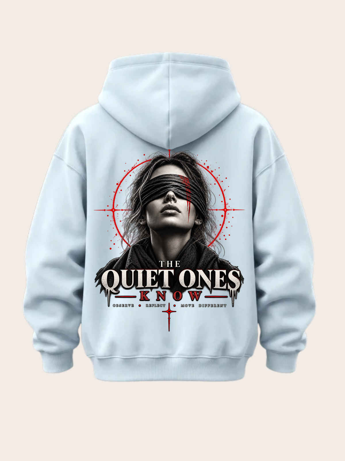 Hellblauer Oversized Hoodie mit großem THE QUIET ONES KNOW Rückenprint in Schwarz, Grau und Rot mit Frauenporträt und grafischen Elementen.