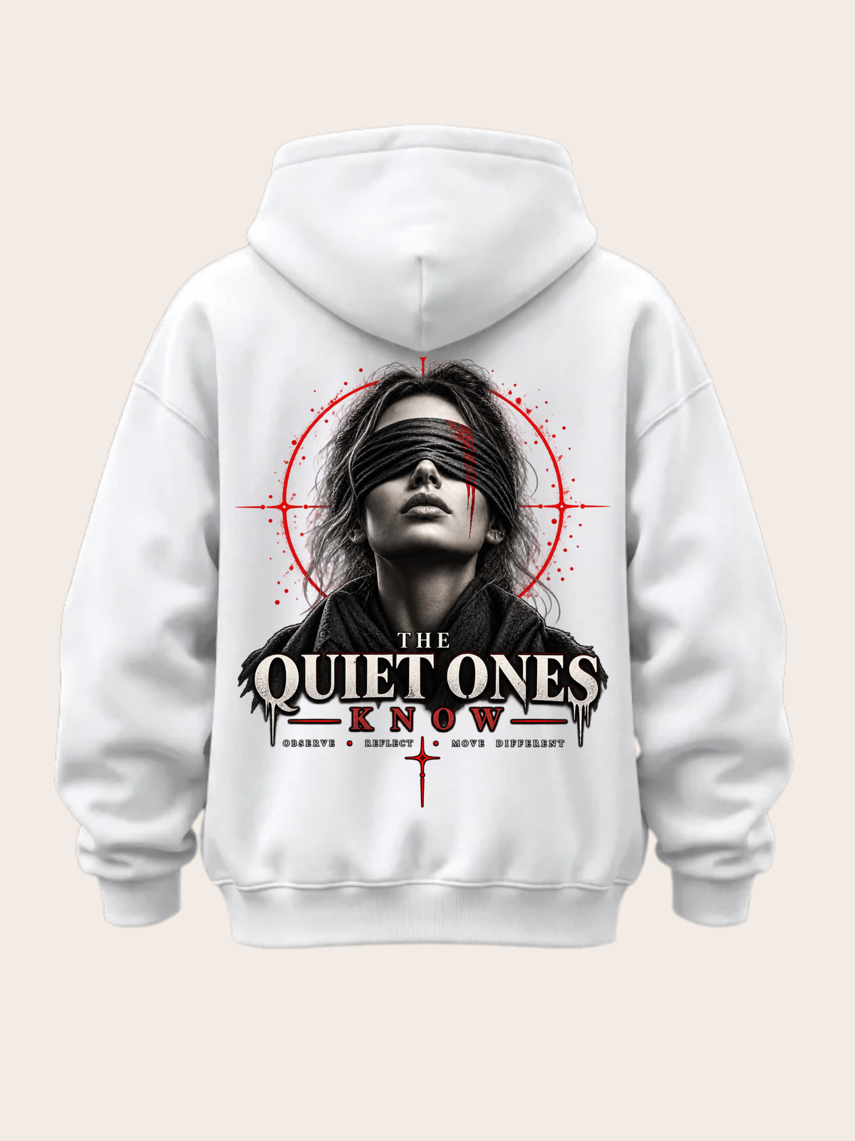 Weißer Oversized Hoodie mit großem THE QUIET ONES KNOW Rückenprint, Frauenporträt mit schwarzer Augenbinde sowie markanten roten und schwarzen grafischen Elementen.
