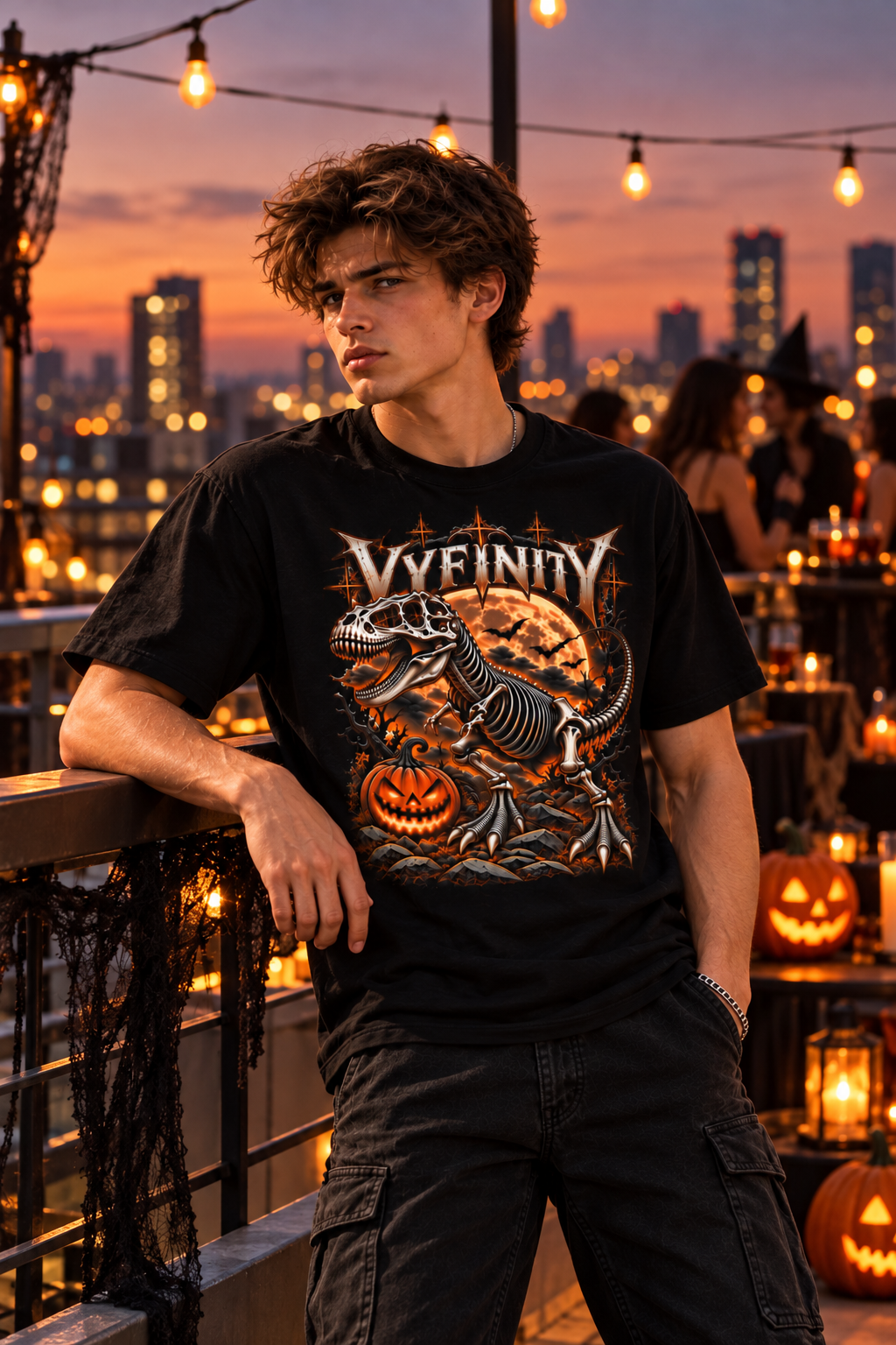 Model trägt schwarzes VYFINITY T-Shirt mit Dino-Halloween-Motiv