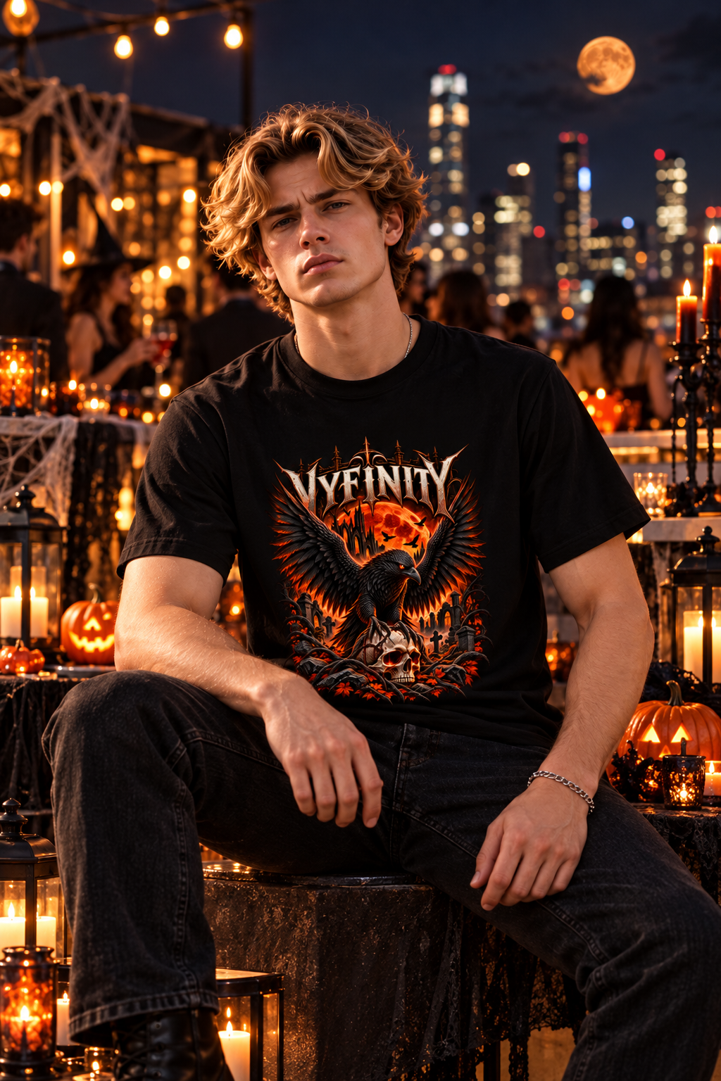 Model trägt schwarzes VYFINITY Halloween T-Shirt mit Rabenmotiv