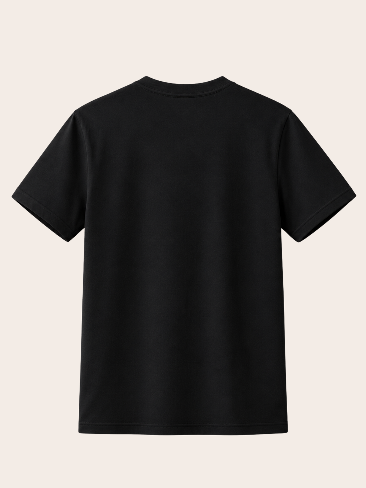 Rückansicht eines schwarzen VYFINITY T-Shirts ohne Rückenprint. Schlichtes schwarzes Kurzarm-Shirt mit Rundhalsausschnitt und geradem Schnitt vor neutralem hellem Hintergrund.