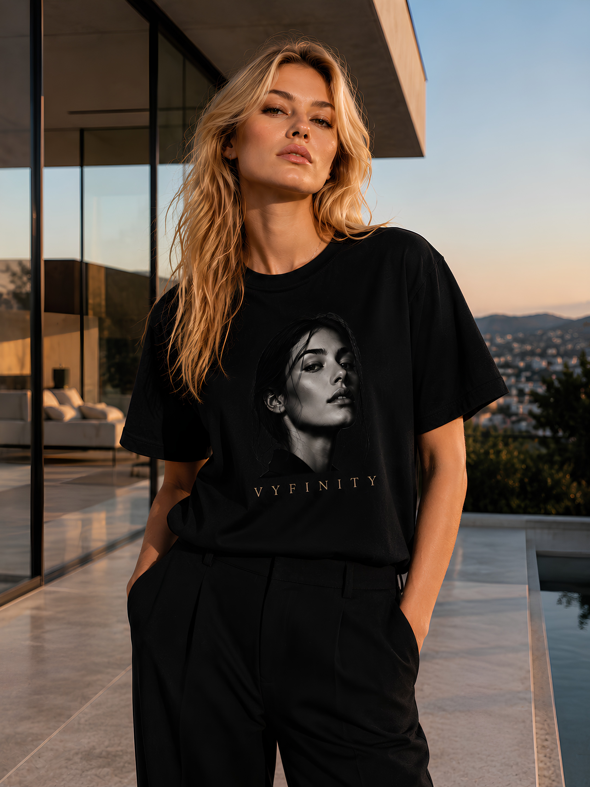 Blonde Frau trägt ein schwarzes Vyfinity Classic Fit Unisex T-Shirt mit monochromem Portrait-Print und goldfarbenem Vyfinity-Schriftzug. Hochwertiges Lifestyle-Foto vor moderner Luxusvilla bei Golden Hour, das minimalistisches Premium Streetwear-Design und zeitlose Quiet-Luxury-Ästhetik zeigt.