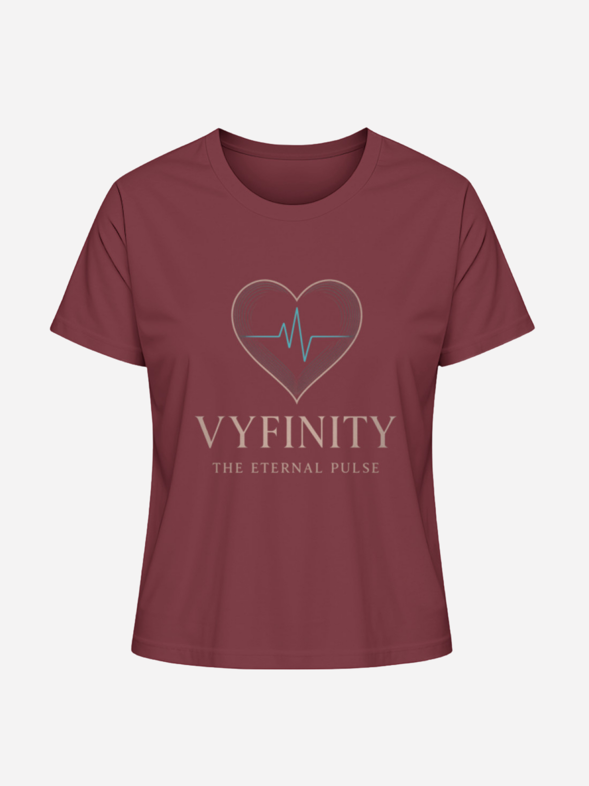 Vyfinity Damen T-Shirt in Bordeauxrot (Burgundy) mit Herz- und Puls-Logo, hochwertiger Druck auf weicher Baumwolle, modisches Kurzarmshirt.