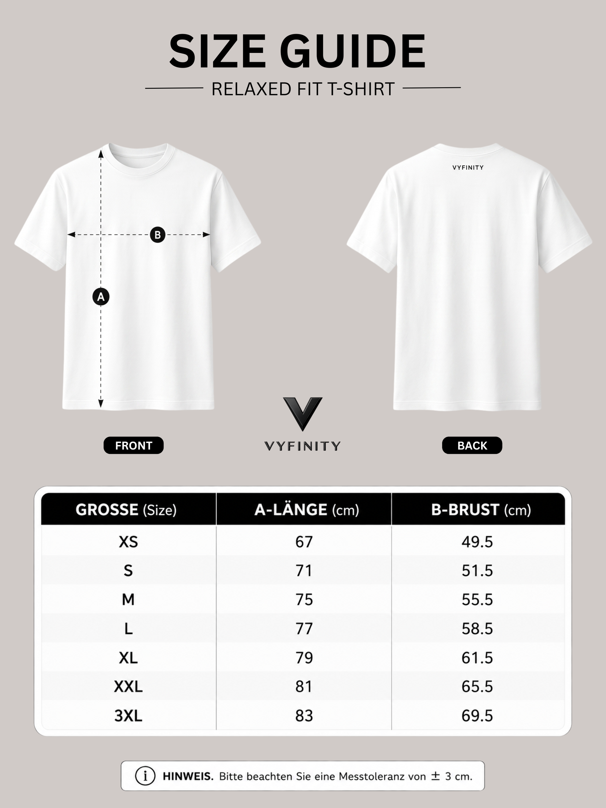 VYFINITY Relaxed Fit T-Shirt Größentabelle mit Vorder- und Rückansicht eines weißen Premium Unisex T-Shirts. Größen XS bis 3XL mit Maßen für Länge und Brustweite sowie Messanleitung und Hinweis zur Messtoleranz von ±3 cm.