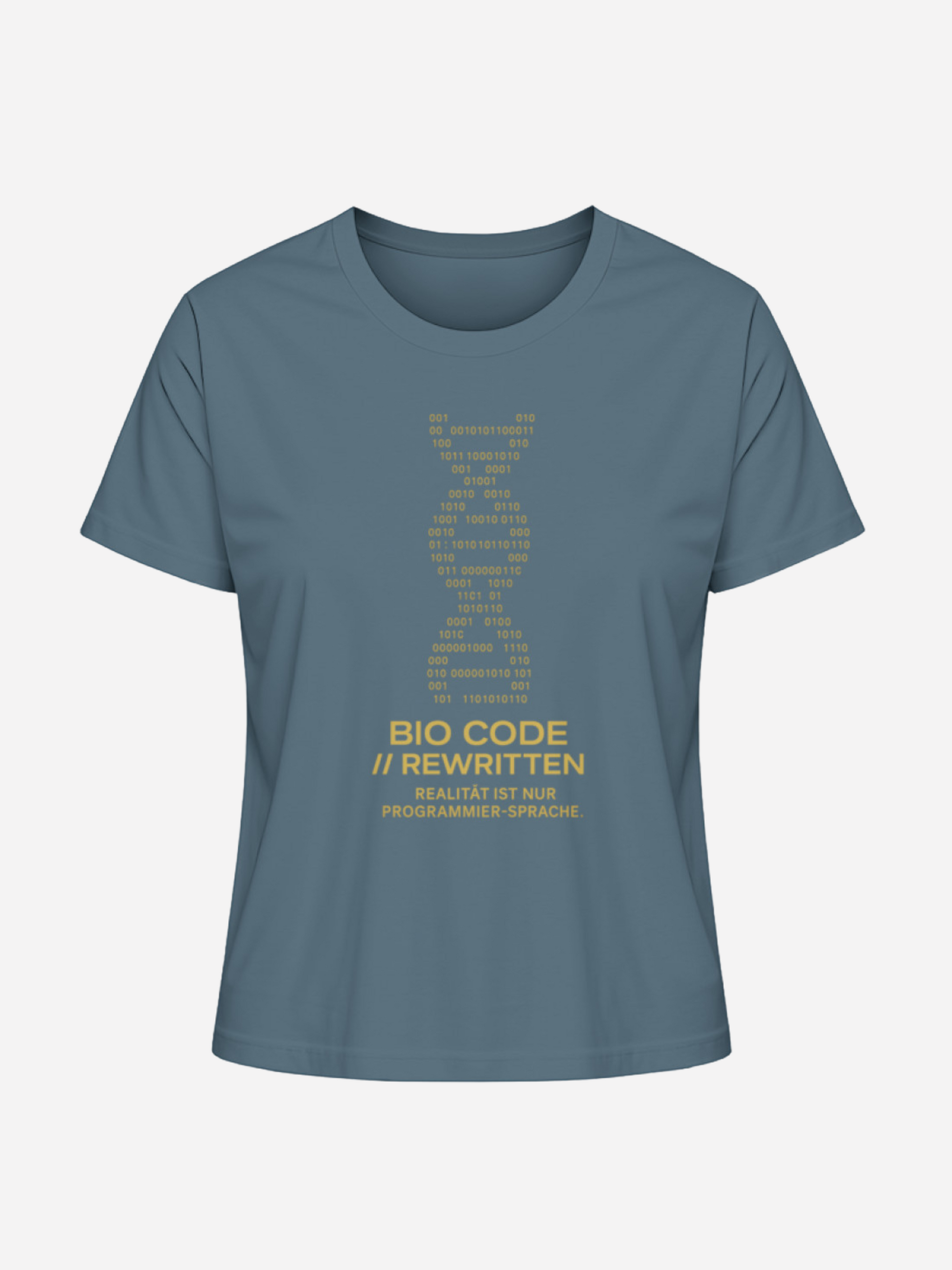 Blaues Unisex T-Shirt mit goldenem DNA-Binärcode-Print und Statement Bio Code Rewritten. Modernes Geek Fashion Shirt mit Programmierer-Design, ideal für Nerds, Gamer und Streetwear-Looks.
