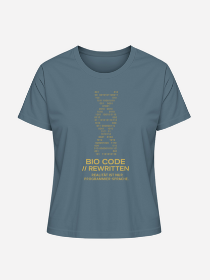 Blaues Unisex T-Shirt mit goldenem DNA-Binärcode-Print und Statement Bio Code Rewritten. Modernes Geek Fashion Shirt mit Programmierer-Design, ideal für Nerds, Gamer und Streetwear-Looks.