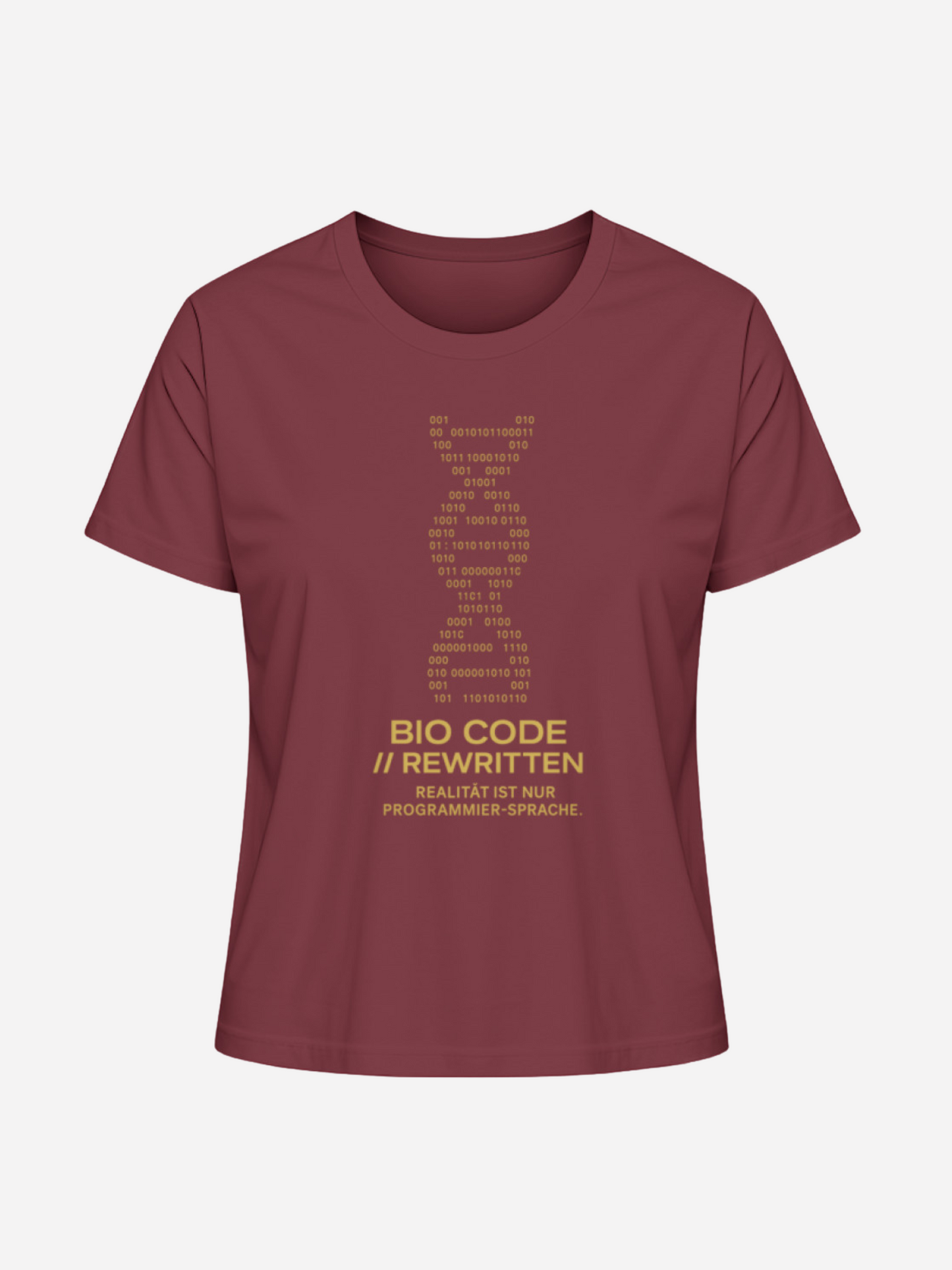 Bordeauxfarbenes Unisex T-Shirt mit goldenem DNA-Binärcode-Print und Schriftzug Bio Code Rewritten. Urban Geek Fashion, Statement Shirt mit Programmierer-Design, perfekt für Nerds, Gamer und Streetwear-Fans.