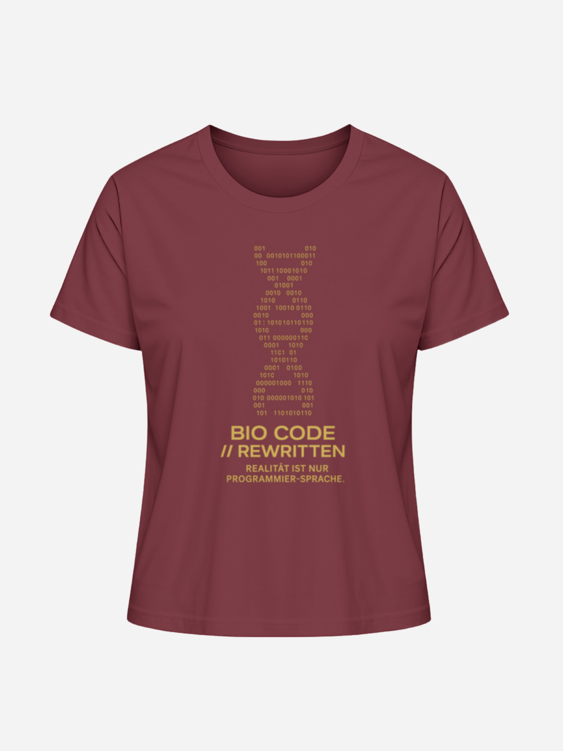 Bordeauxfarbenes Unisex T-Shirt mit goldenem DNA-Binärcode-Print und Schriftzug Bio Code Rewritten. Urban Geek Fashion, Statement Shirt mit Programmierer-Design, perfekt für Nerds, Gamer und Streetwear-Fans.