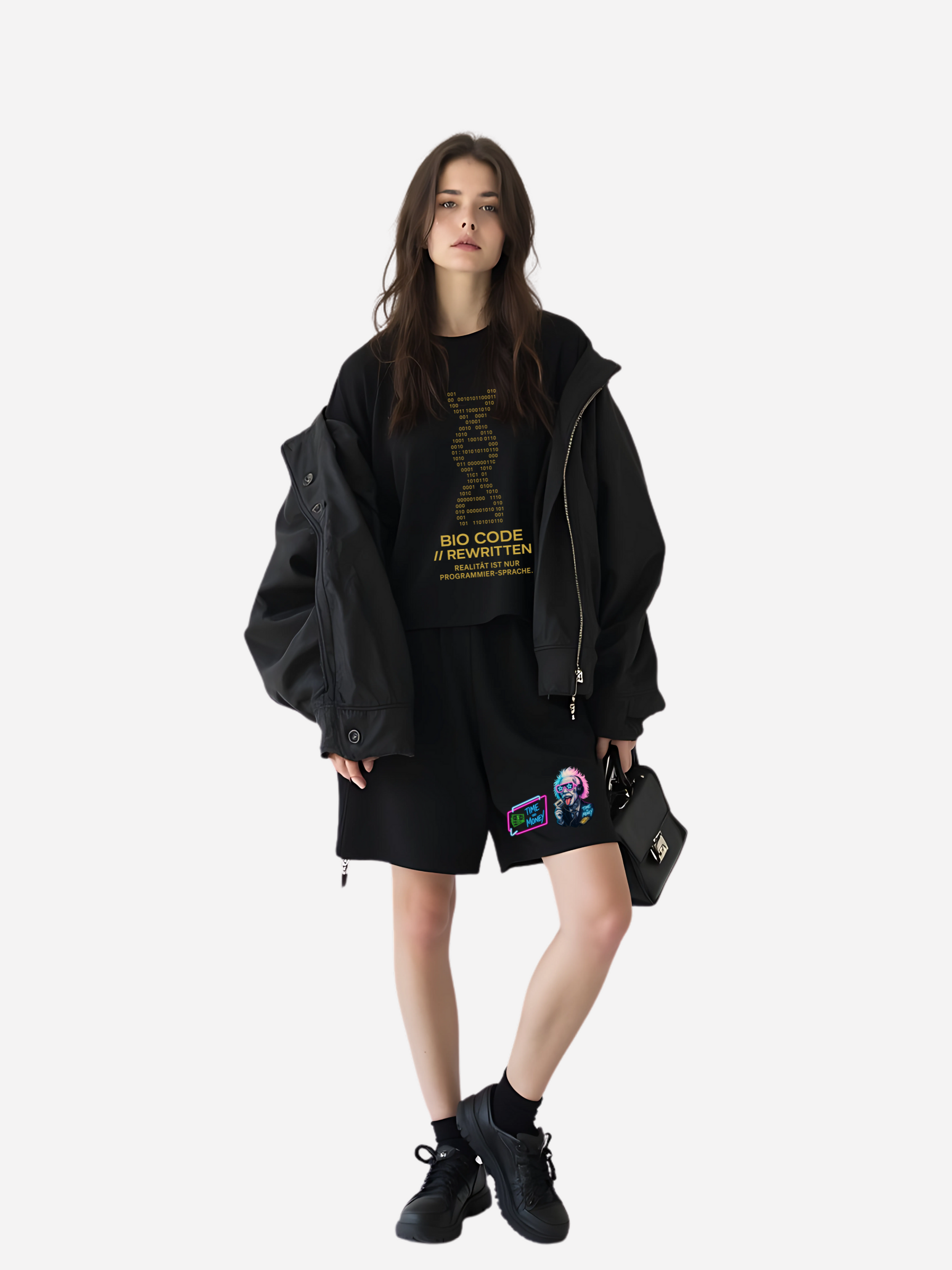 Streetwear Outfit in Schwarz: Oversize T-Shirt mit gelbem Bio Code Rewritten DNA-Binärcode-Print, kombiniert mit lockeren Shorts, schwarzer Jacke und Sneakern. Moderner Geek Style für Damen, Programmierer und Nerd Fashion.