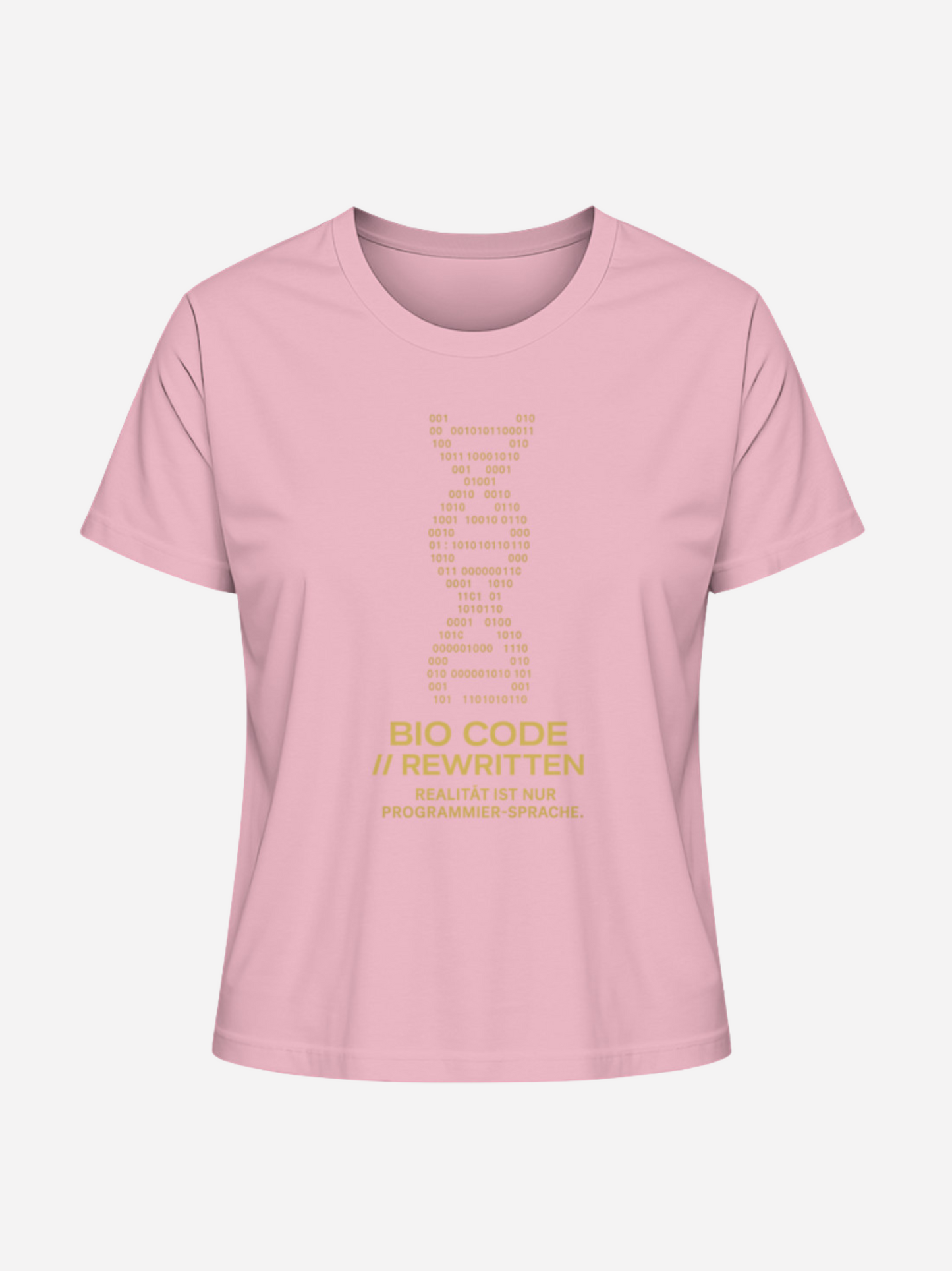 Rosa Unisex T-Shirt mit goldenem DNA-Binärcode und Bio Code Rewritten Statement. Modernes Geek Fashion Shirt für Nerds, Gamer, Coder und Streetwear-Liebhaber, inspiriert von Programmierer-Sprache.