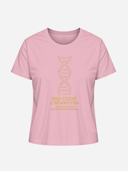 Rosa Unisex T-Shirt mit goldenem DNA-Binärcode und Bio Code Rewritten Statement. Modernes Geek Fashion Shirt für Nerds, Gamer, Coder und Streetwear-Liebhaber, inspiriert von Programmierer-Sprache.