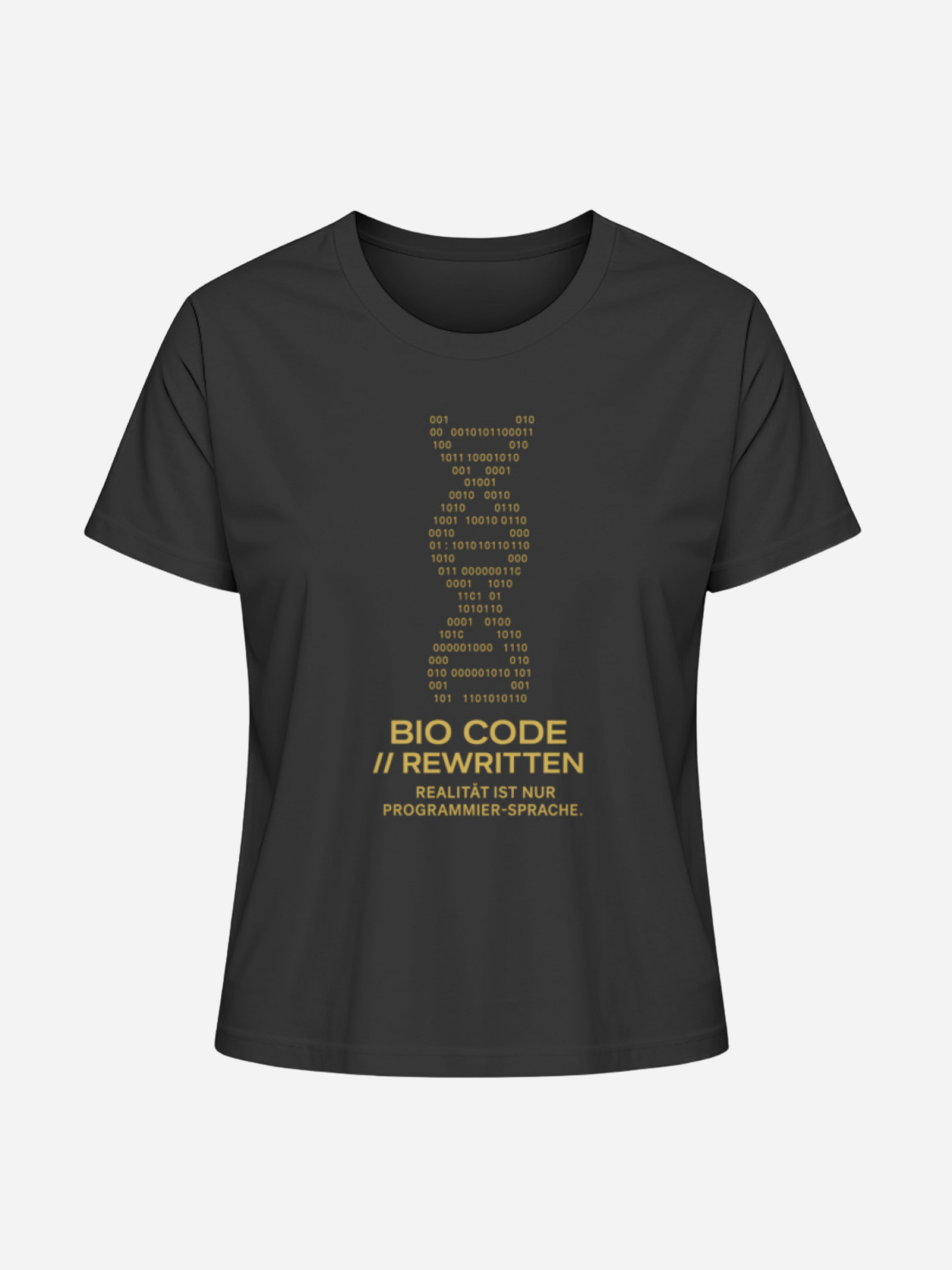 Schwarzes Unisex T-Shirt mit goldenem DNA-Binärcode und Statement Bio Code Rewritten. Futuristisches Geek Fashion Shirt für Nerds, Gamer, Coder und Streetwear-Fans, inspiriert von Programmierer-Sprache.