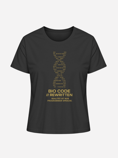 Schwarzes Unisex T-Shirt mit goldenem DNA-Binärcode und Statement Bio Code Rewritten. Futuristisches Geek Fashion Shirt für Nerds, Gamer, Coder und Streetwear-Fans, inspiriert von Programmierer-Sprache.