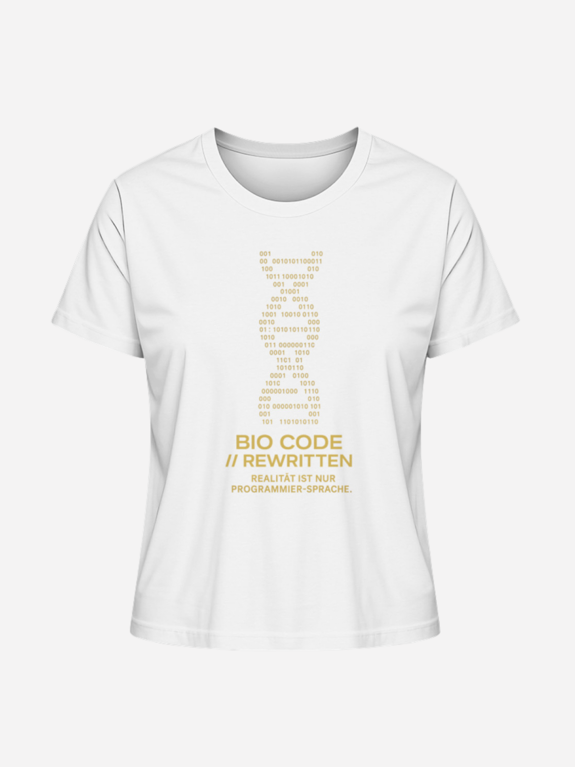 Weißes Unisex T-Shirt mit goldenem DNA-Binärcode und Bio Code Rewritten Aufdruck. Futuristisches Geek Fashion Shirt für Programmierer, Gamer, Nerds und Streetwear-Fans, inspiriert von Programmierer-Sprache.