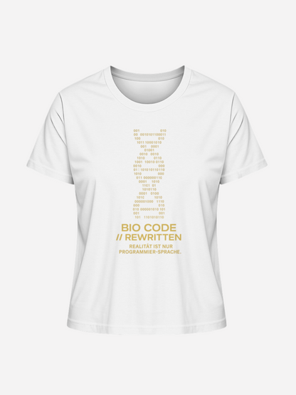 Weißes Unisex T-Shirt mit goldenem DNA-Binärcode und Bio Code Rewritten Aufdruck. Futuristisches Geek Fashion Shirt für Programmierer, Gamer, Nerds und Streetwear-Fans, inspiriert von Programmierer-Sprache.
