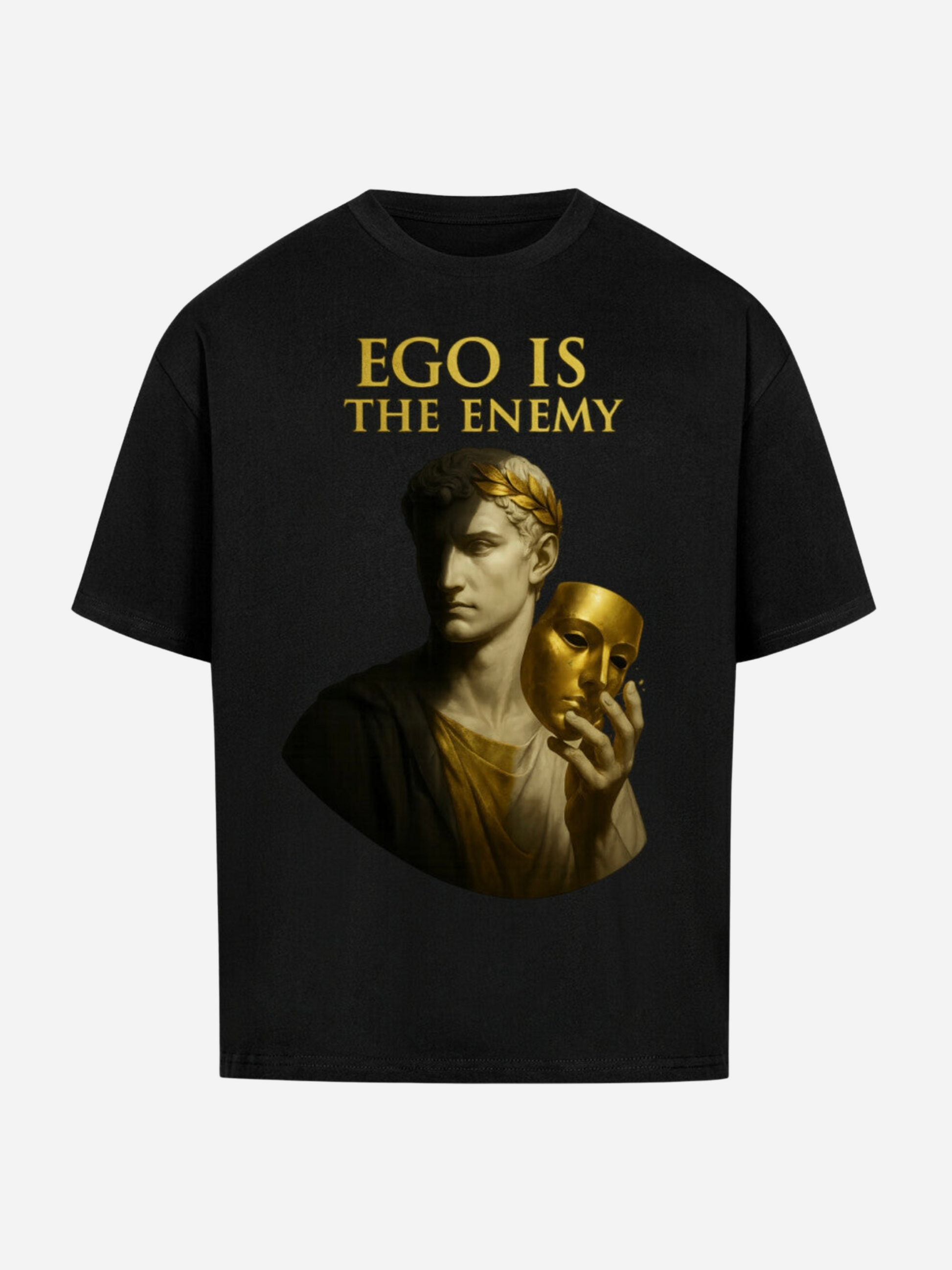Schwarzes Oversized T-Shirt mit goldener Statue und Maske, Aufschrift Ego Is The Enemy