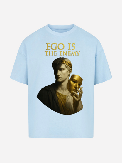 Hellblaues Oversized T-Shirt mit goldener Statue und Maske, Aufschrift Ego Is The Enemy