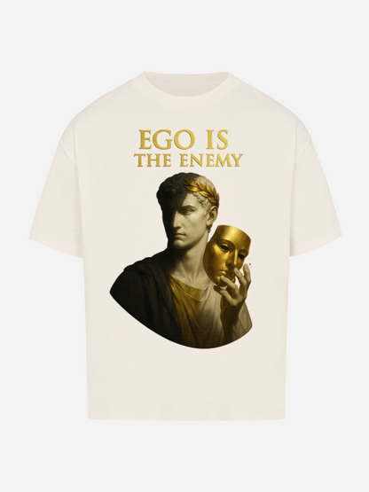 Oversized T-Shirt in Offwhite mit goldener Statue und Maske, Aufschrift Ego Is The Enemy