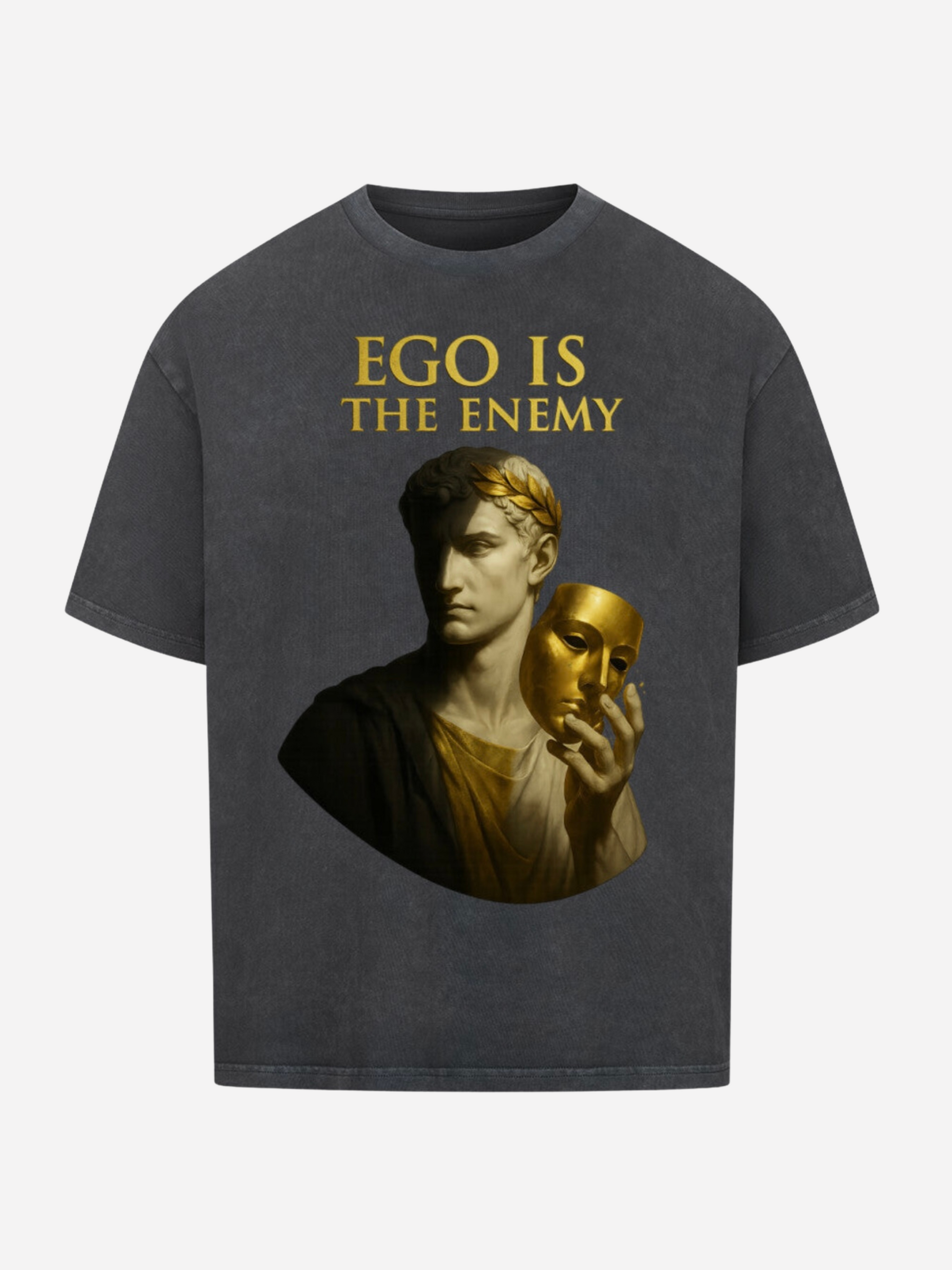Oversized T-Shirt in verwaschenem Schwarz mit goldener Statue und Maske, Aufschrift Ego Is The Enemy