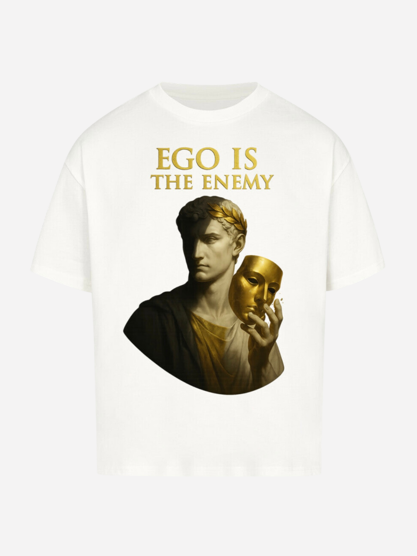 Weißes Oversized T-Shirt mit goldener Statue und Maske, Aufschrift Ego Is The Enemy