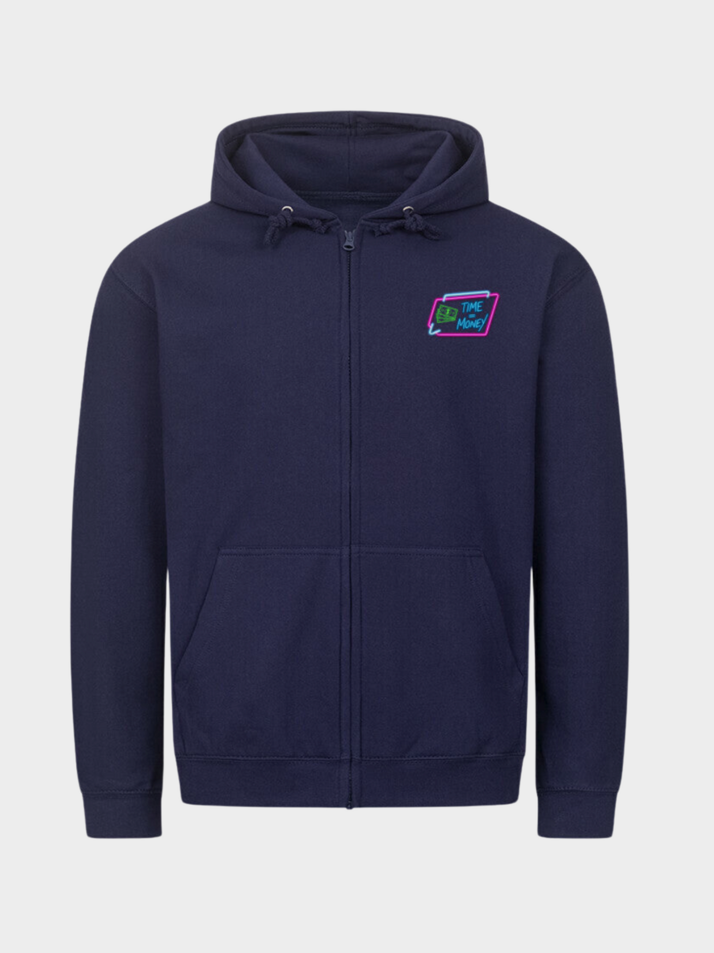 Einstein Hoodie Navy Front – Streetwear Kapuzenpullover mit kleinem Time is Money Logo auf der Brust