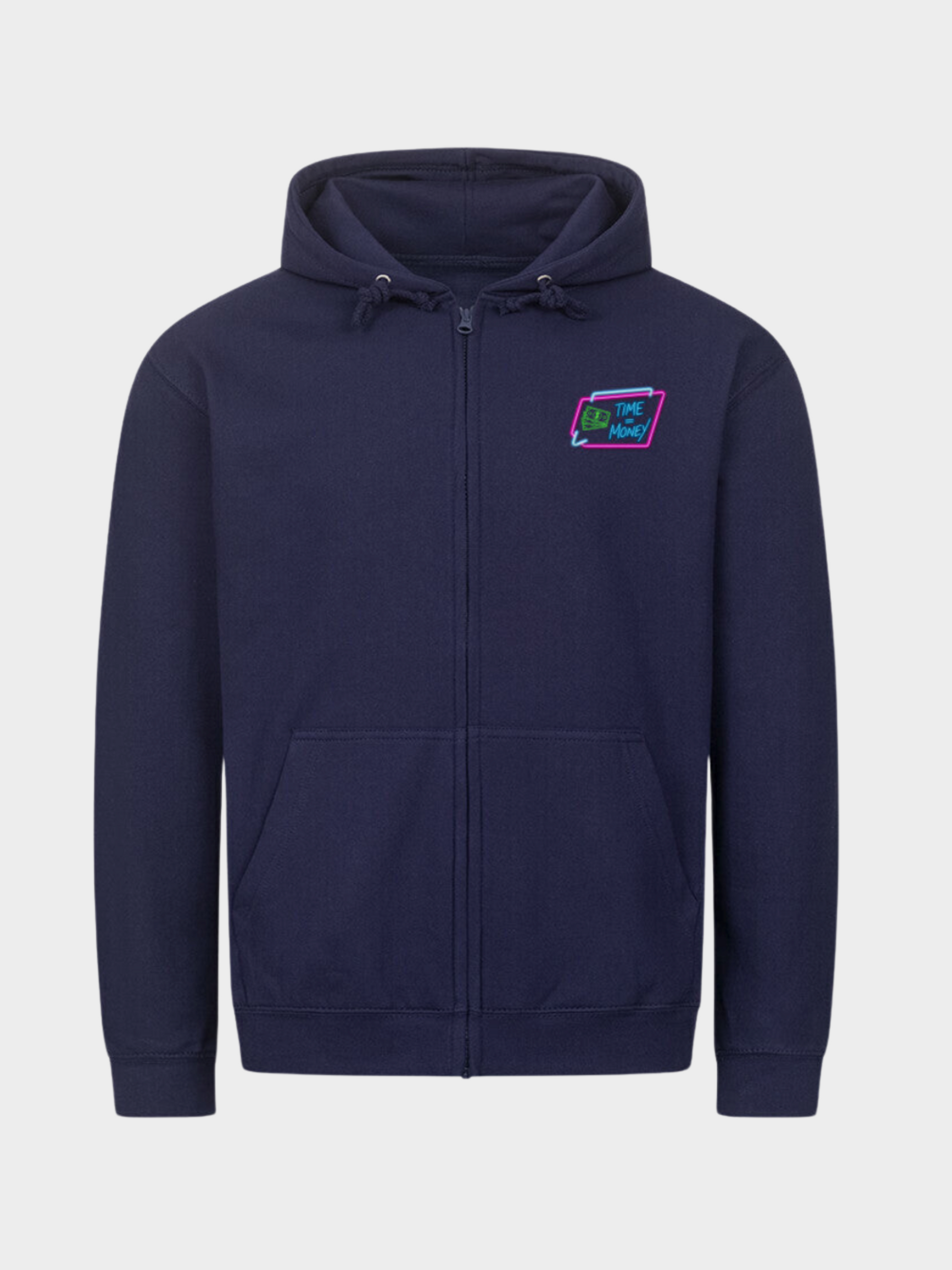 Einstein Hoodie Navy Front – Streetwear Kapuzenpullover mit kleinem Time is Money Logo auf der Brust