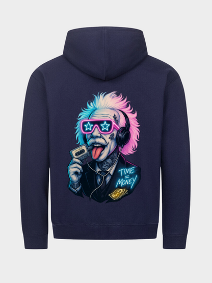 Einstein Hoodie Navy Rückseite – Kapuzenpullover mit großem bunten Einstein Backprint Time is Money Design