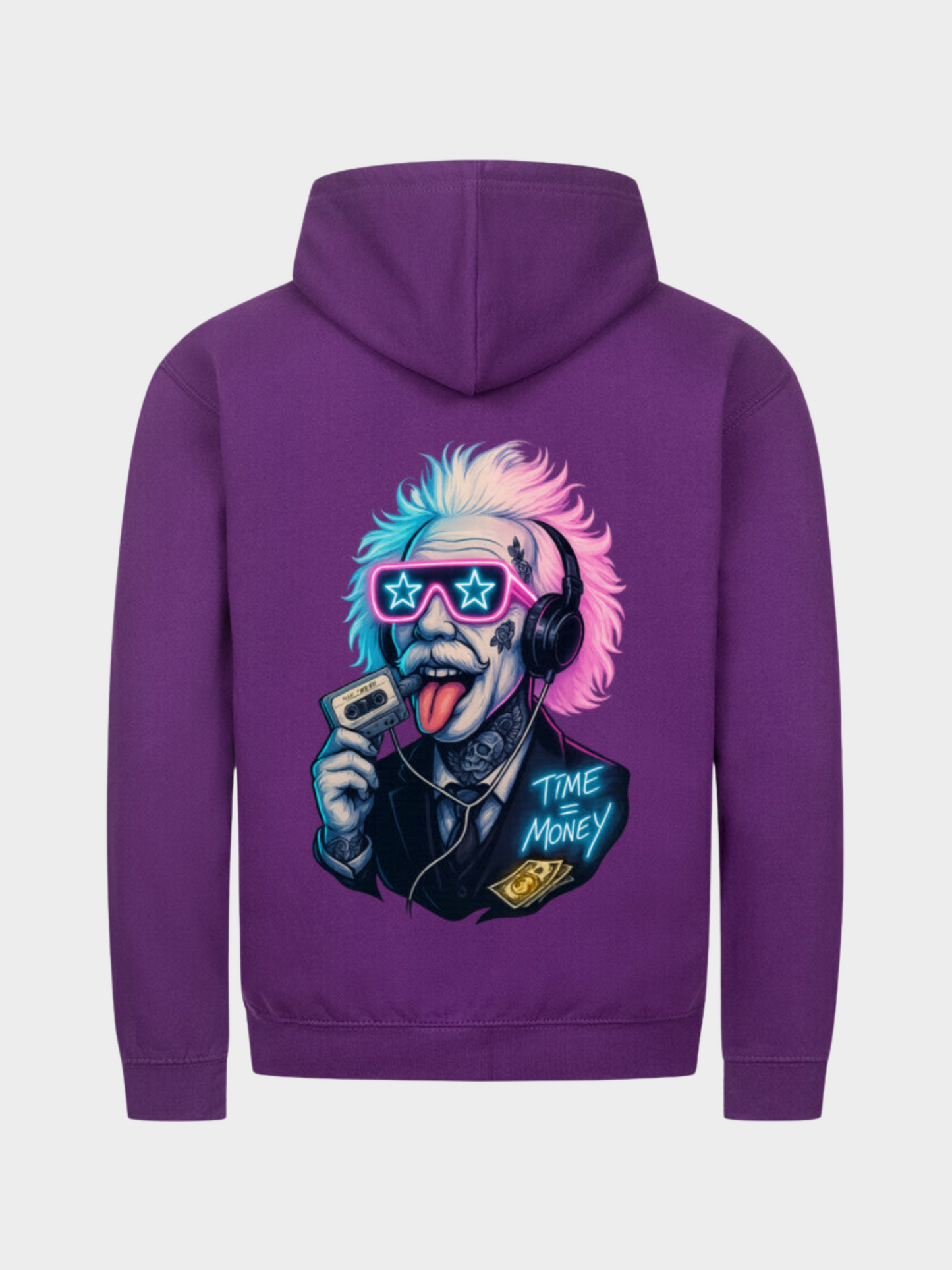 Einstein Hoodie Purple Rückseite – Kapuzenpullover mit großem bunten Einstein Backprint Time is Money Design