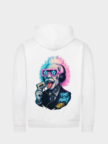 Einstein Hoodie Weiß Rückseite – Moderner Streetwear Kapuzenpullover mit farbenfrohem Einstein Design und Time is Money Statement