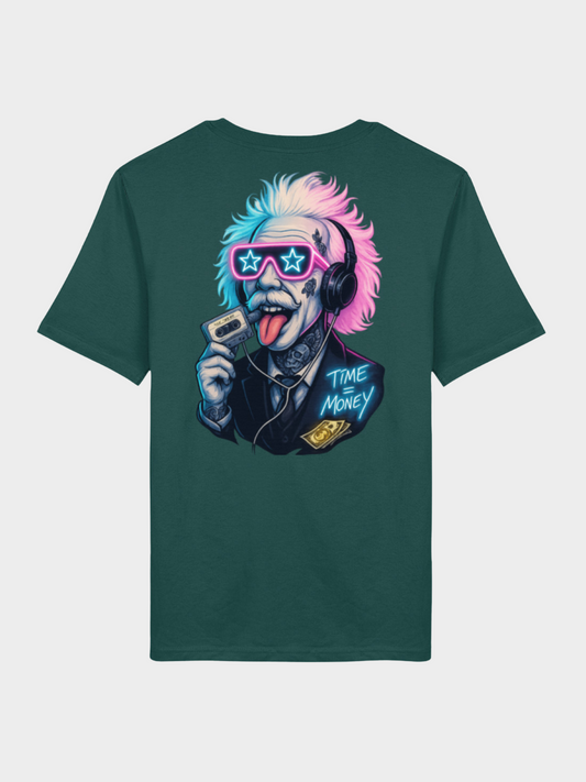 Grünes T-Shirt mit großem Einstein Time is Money Neon-Backprint – Retro Streetwear Design
